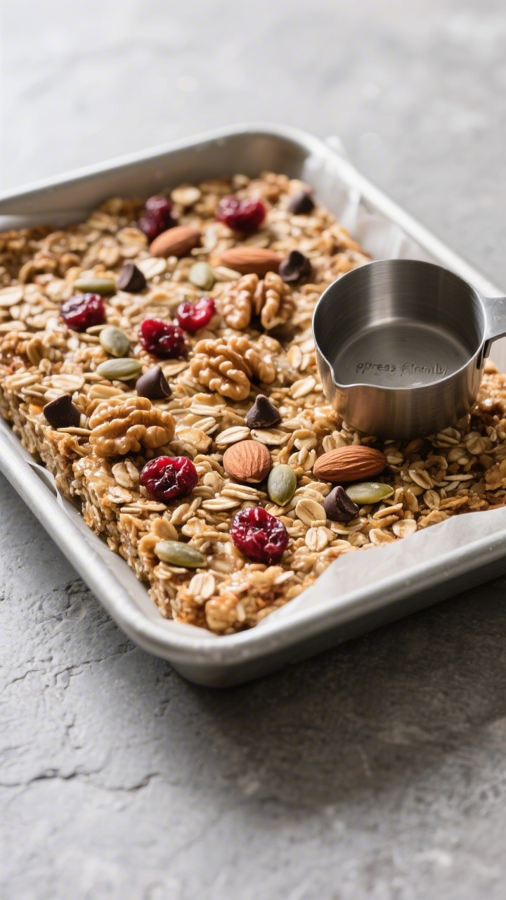 Close-up detail: A tightly packed slab of homemade granola bar mixture just pressed into a parchment