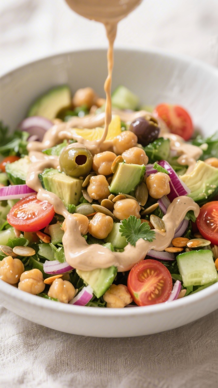 Close-up detail: A tossed no-cook chickpea and avocado salad mid-toss in a large matte white bowl, g