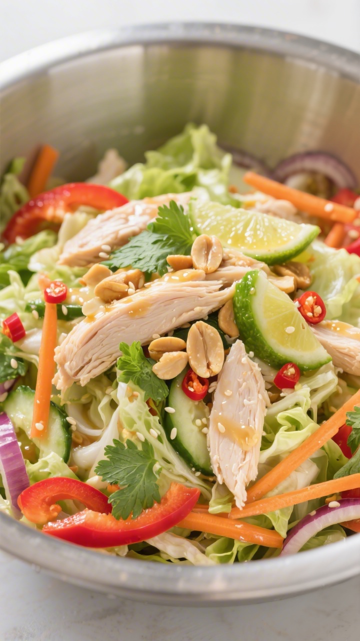 Close-up detail: A tossed Thai Chicken Salad mid-prep in a stainless mixing bowl, showing glistening