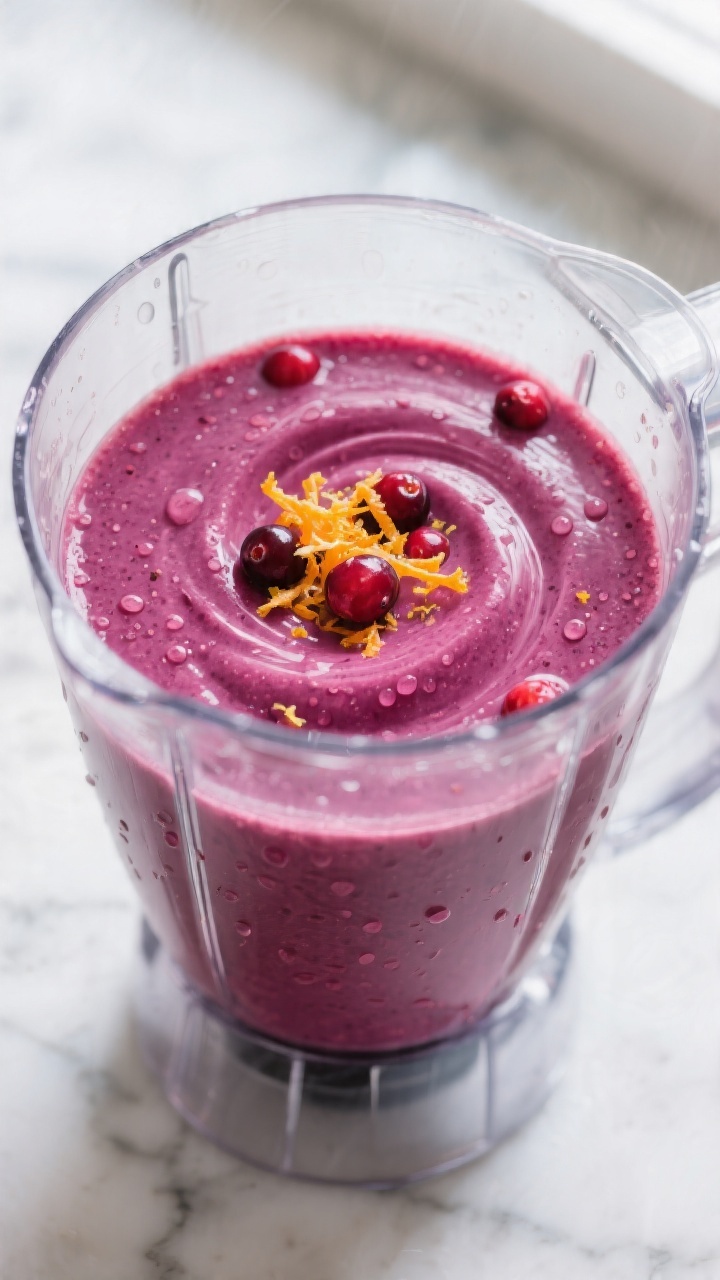 Close-up detail: A velvety cranberry orange smoothie mid-blend in a clear high-speed blender jar, ca