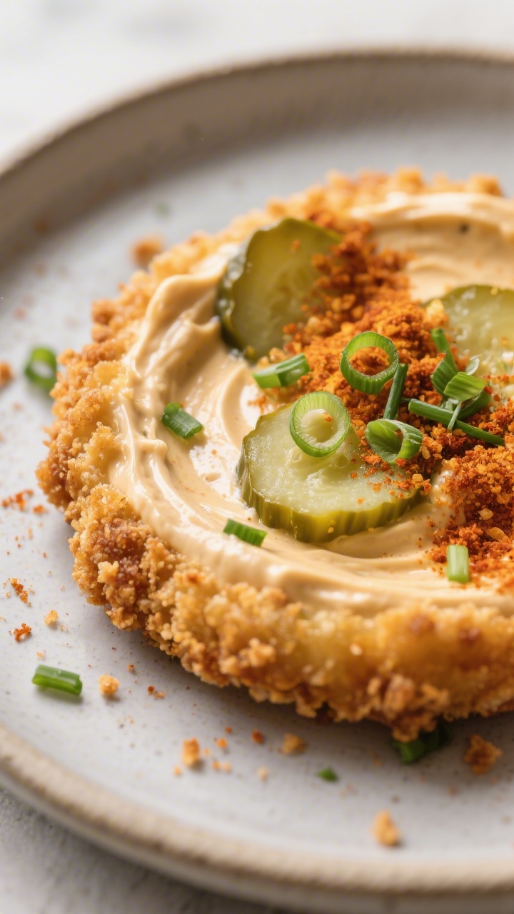 Close-up detail: A warm, creamy fried pickle dip just out of the oven, surface swirled and bubbling 