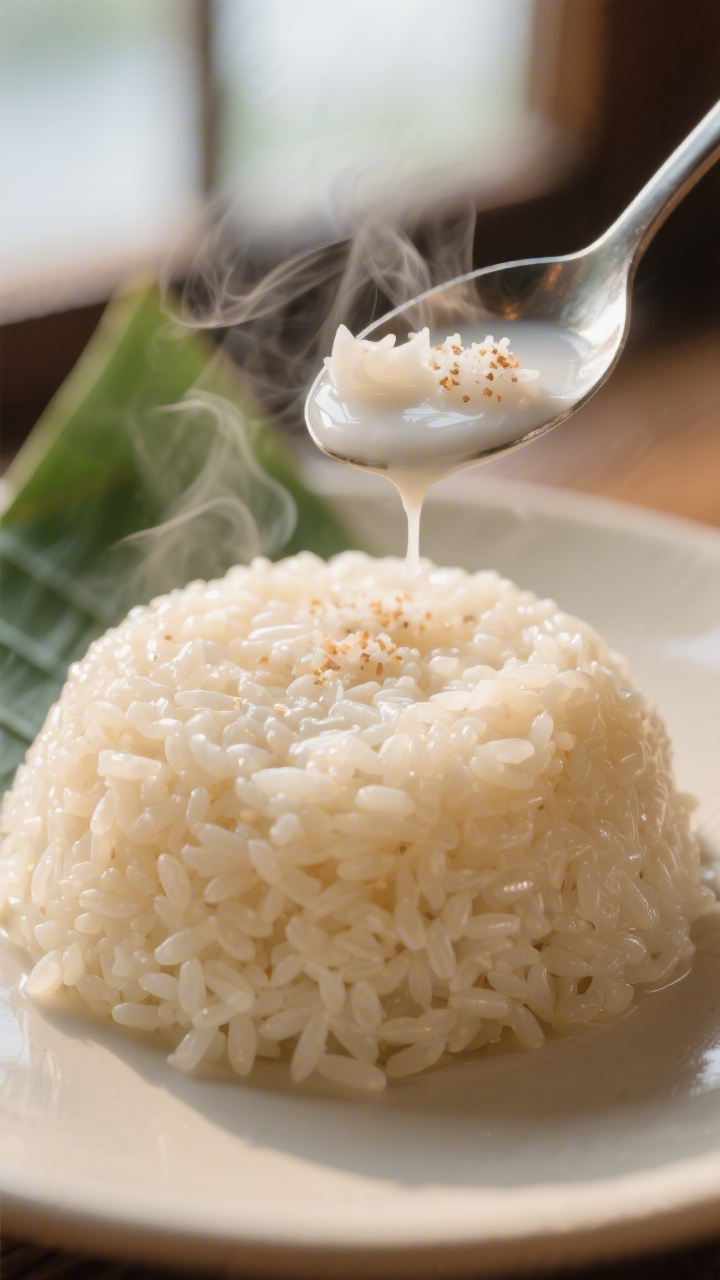 Close-up detail: A warm mound of freshly steamed glutinous sticky rice just after being folded with 