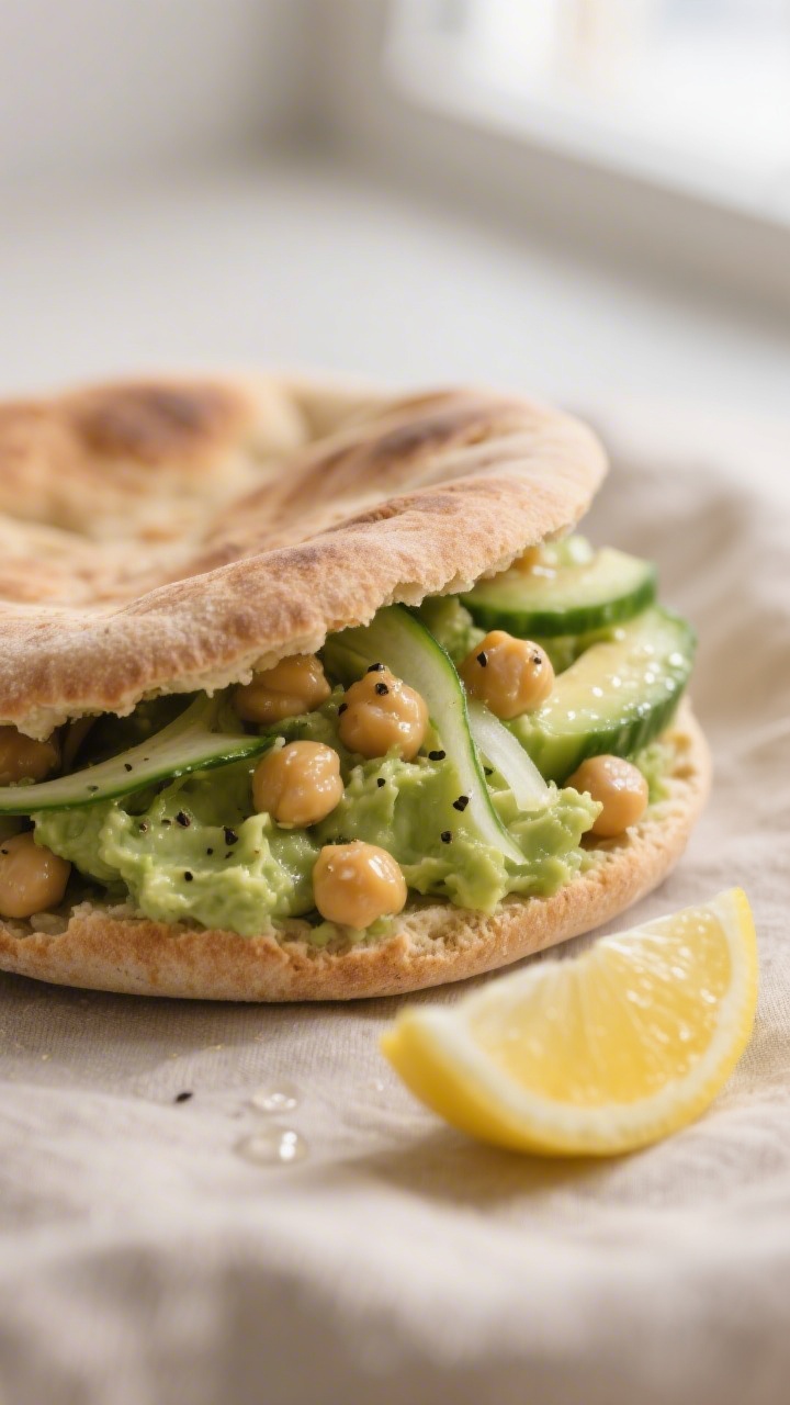 Close-up detail: A warm whole wheat pita stuffed with chunky chickpea–avocado smash, thin cucumber