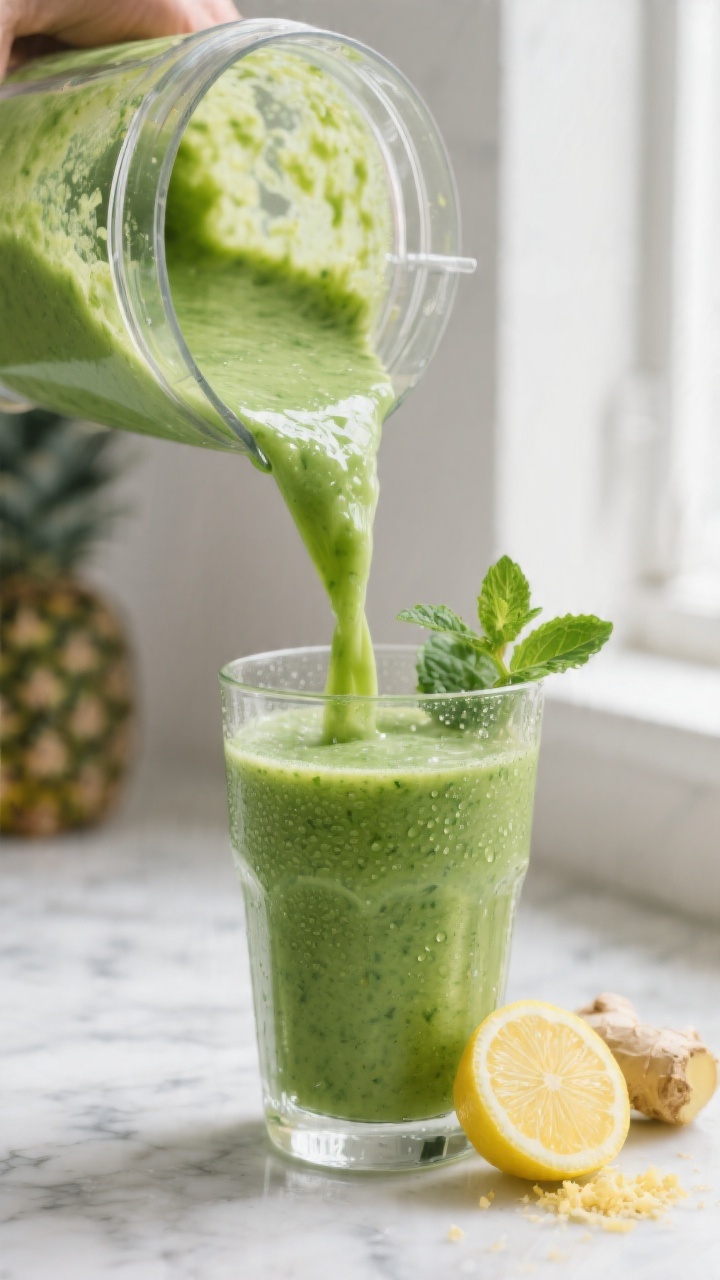 Close-up detail: Bright green pineapple-spinach detox smoothie mid-blend being poured from a glass b