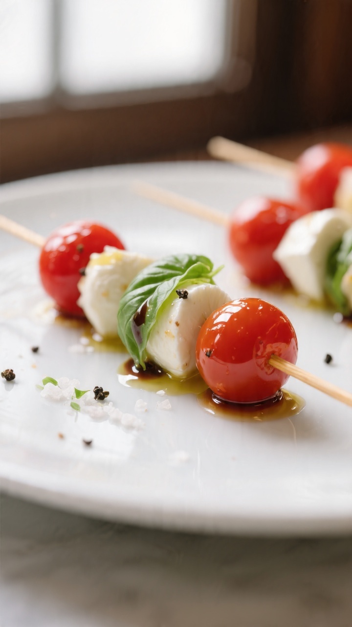 Close-up detail: Caprese skewers fully assembled—glossy cherry tomatoes, fresh basil leaf, and moz