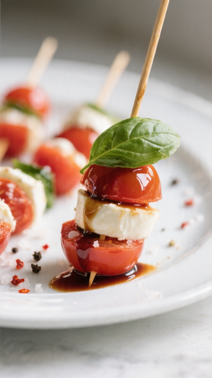 Close-up detail: Caprese Skewers with Balsamic Glaze — tight macro of glossy cherry tomato, silky 