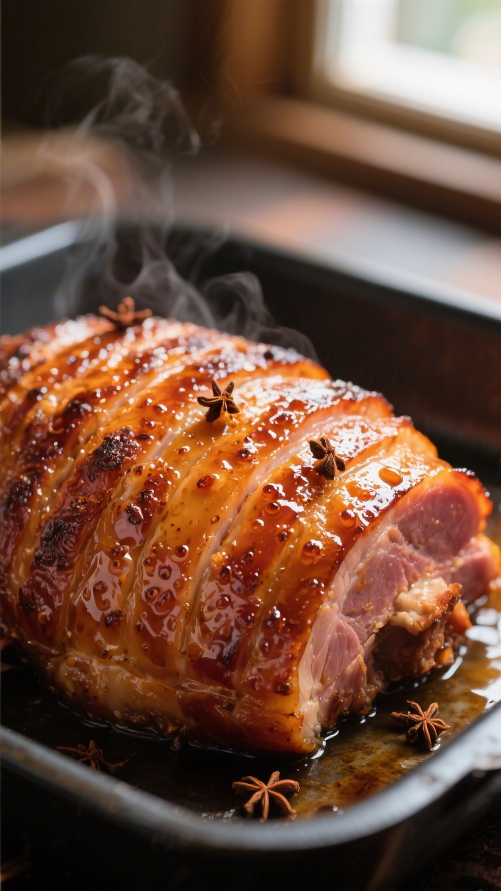 Close-up detail: Caramelized honey-baked ham surface during the crackle finish, showing glossy, ambe