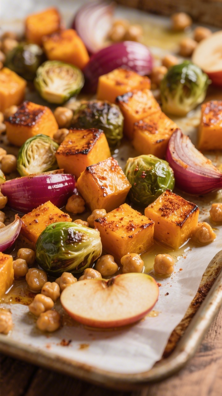 Close-up detail: Caramelized roasted butternut squash cubes, halved Brussels sprouts, red onion wedg