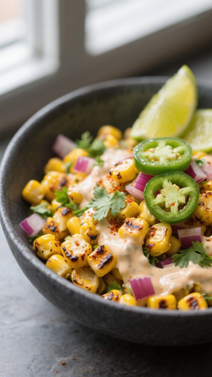 Close-up detail: Charred grilled street-style corn salad just tossed, showcasing juicy golden kernel