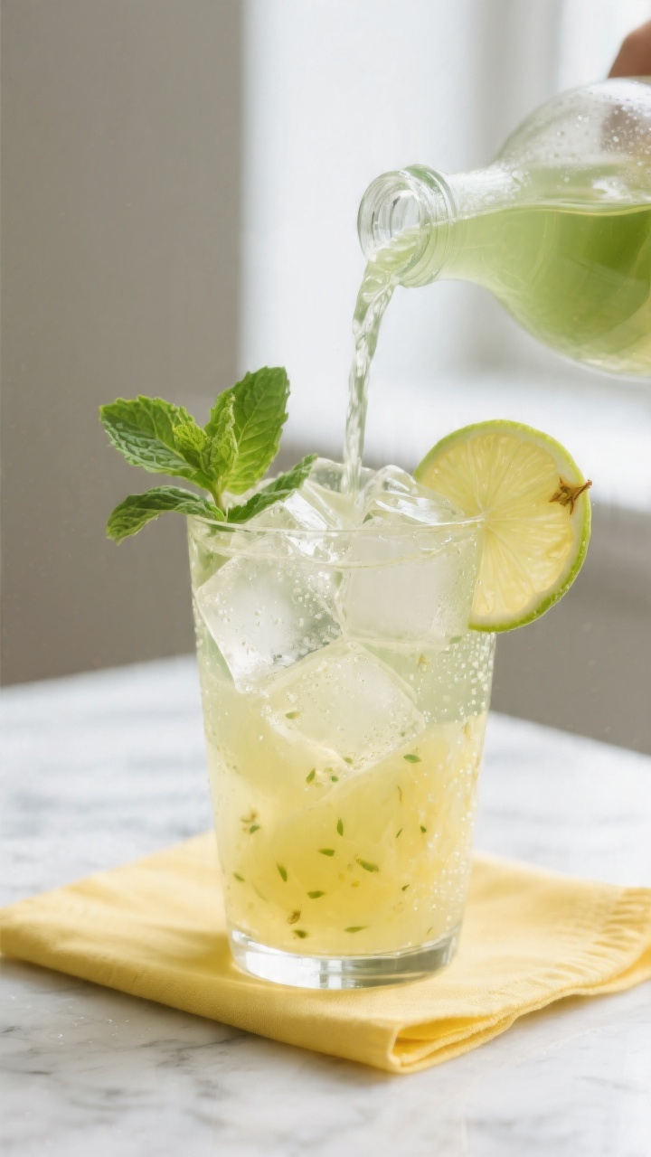 Close-up detail: Chilled iced pineapple mint green tea being poured over clinking ice cubes in a cle