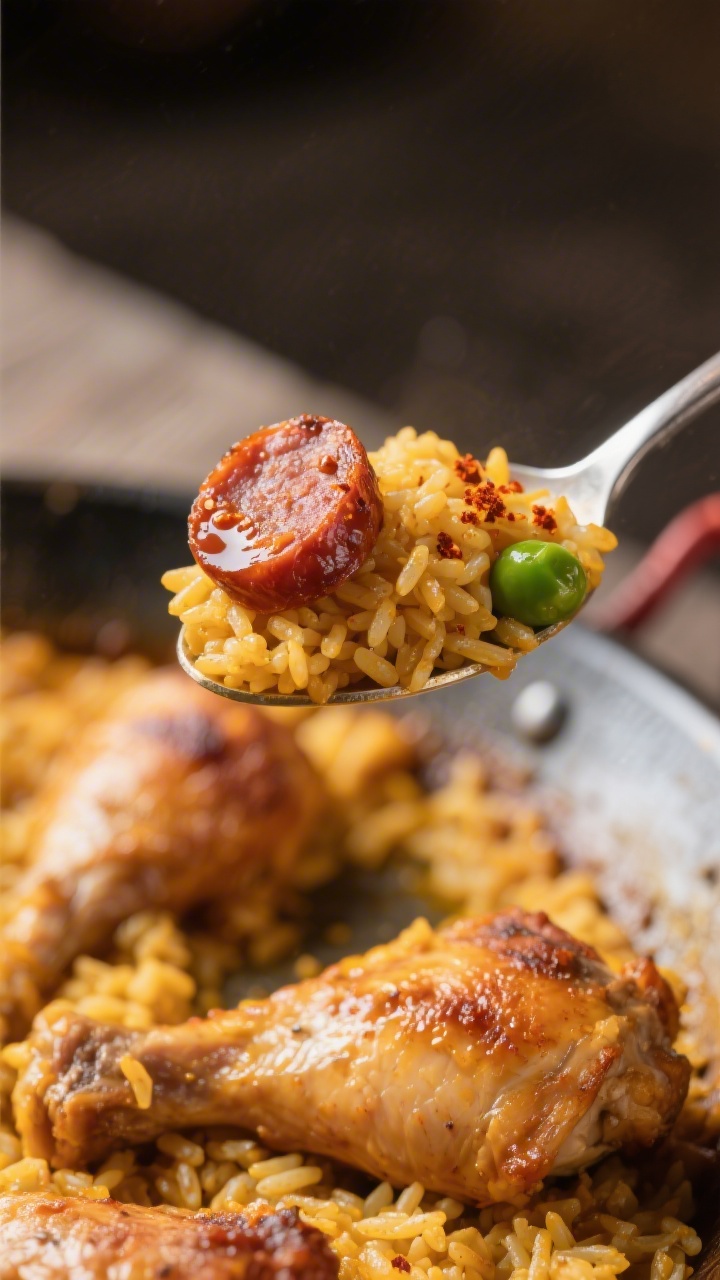 Close-up detail — Chorizo, chicken, and rice textures: Tight macro shot of a spoonful lifted just 