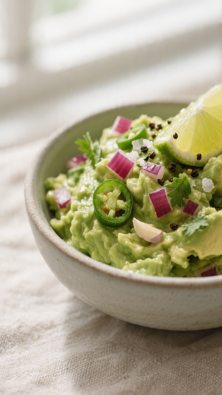 Close-up detail: Chunky homemade guacamole just after mashing and folding in aromatics—visible cre