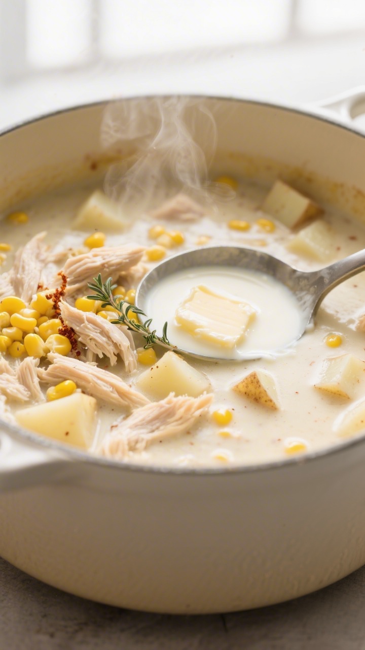Close-up detail: Creamy chicken corn chowder just after stirring in heavy cream and butter, showing