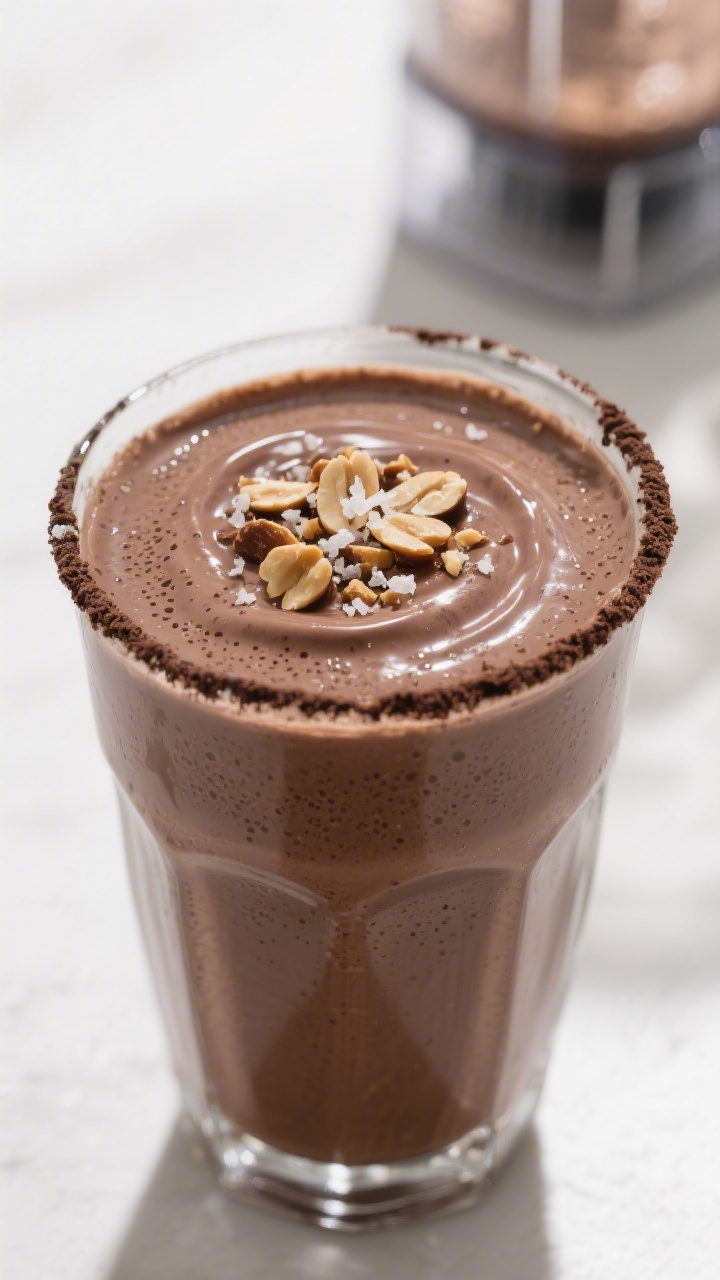 Close-up detail: Creamy Chocolate Peanut Protein Smoothie just poured into a clear, chilled glass, t