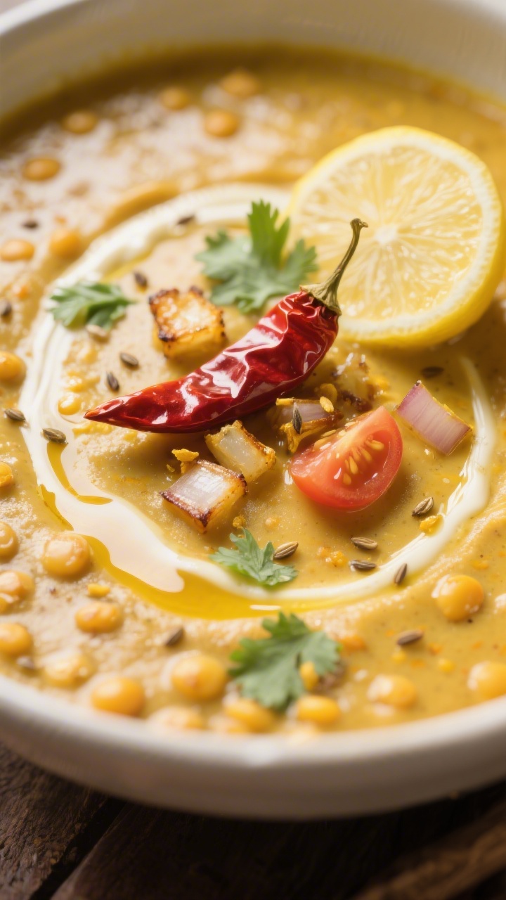 Close-up detail: Creamy Dal Tadka just after tempering poured in, showing glossy swirls of ghee, blo