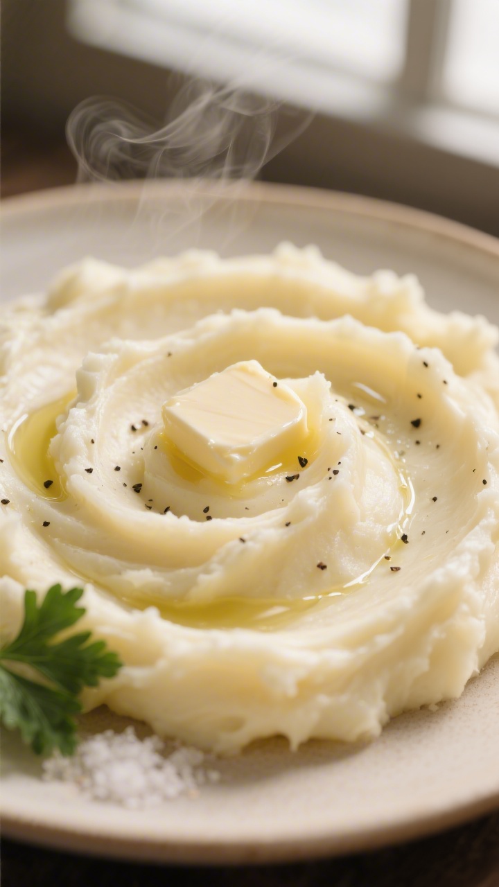 Close-up detail: Creamy Garlic Mashed Potatoes just after mashing, showing silky swirls and steam, f