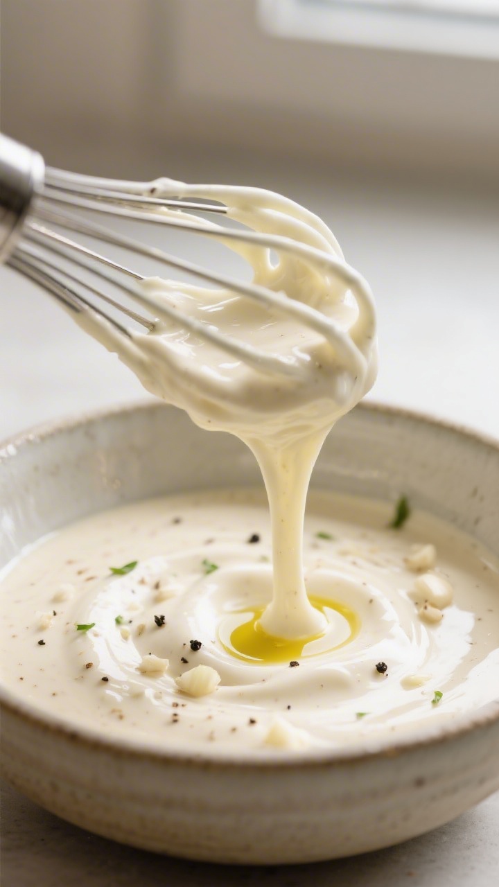 Close-up detail: Creamy Lemon-Tahini Everyday Sauce being whisked to a silky, yogurt-like consistenc