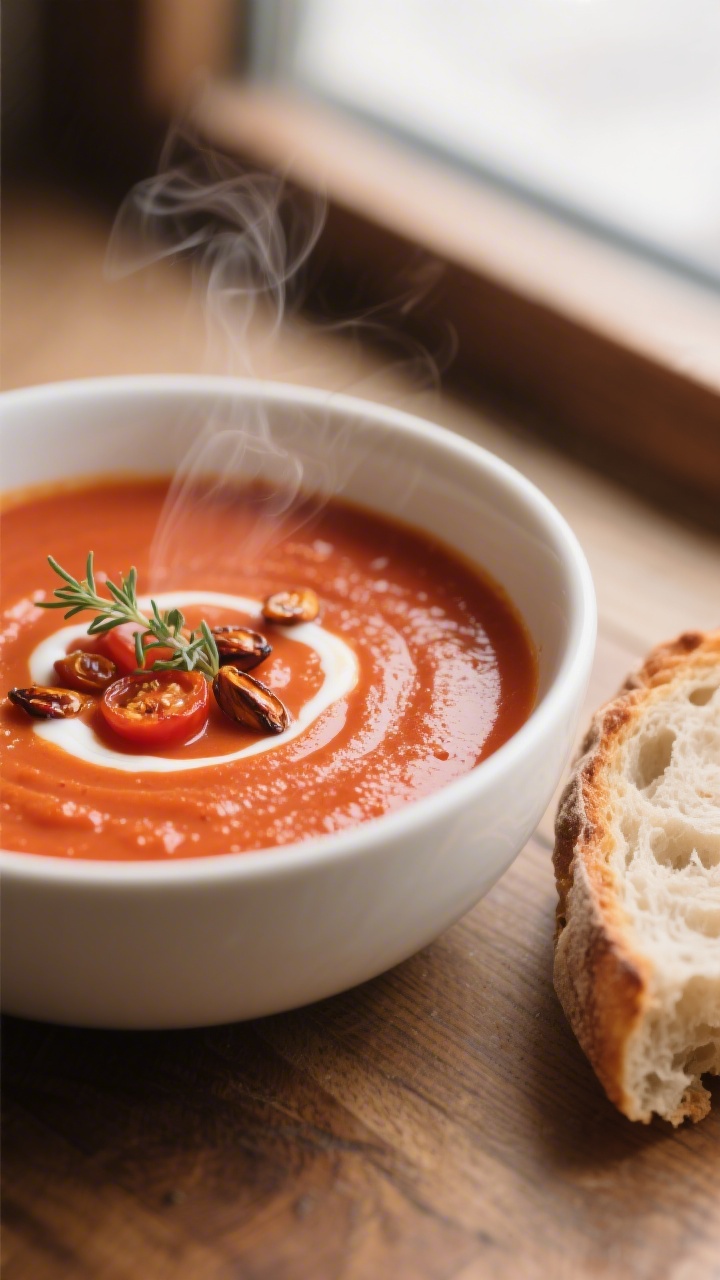 Close-up detail: Creamy Roasted Tomato Soup just blended silky-smooth, steam rising, with a glossy s