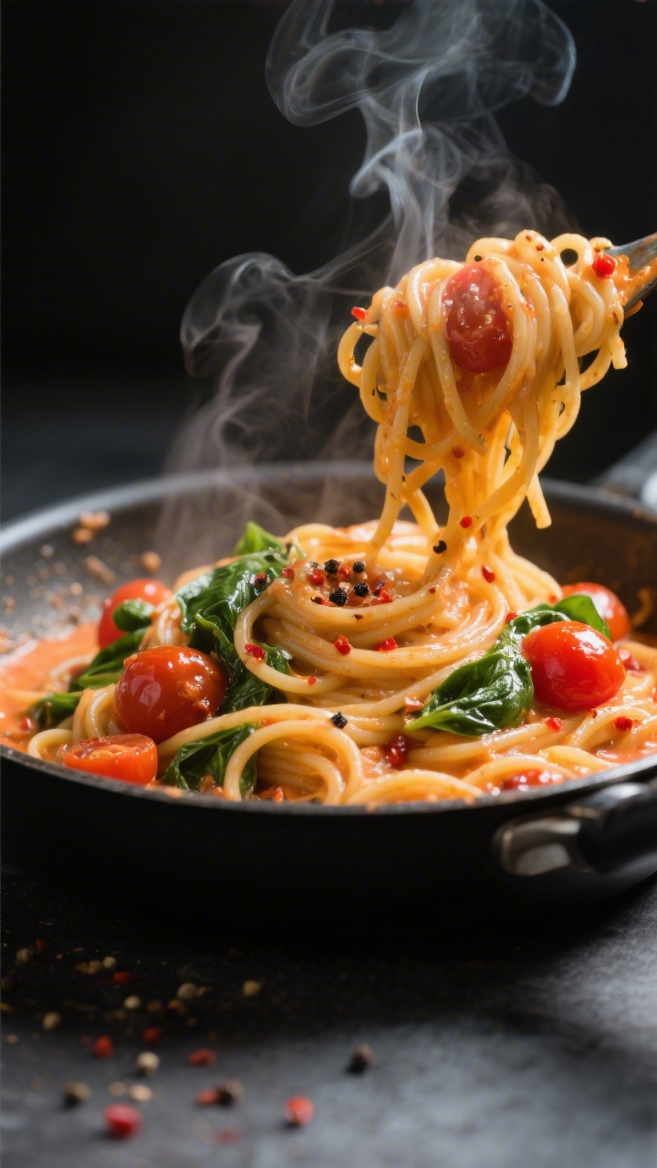 Close-up detail: Creamy Tomato pasta being tossed in a skillet — glossy spaghetti coated in a velv