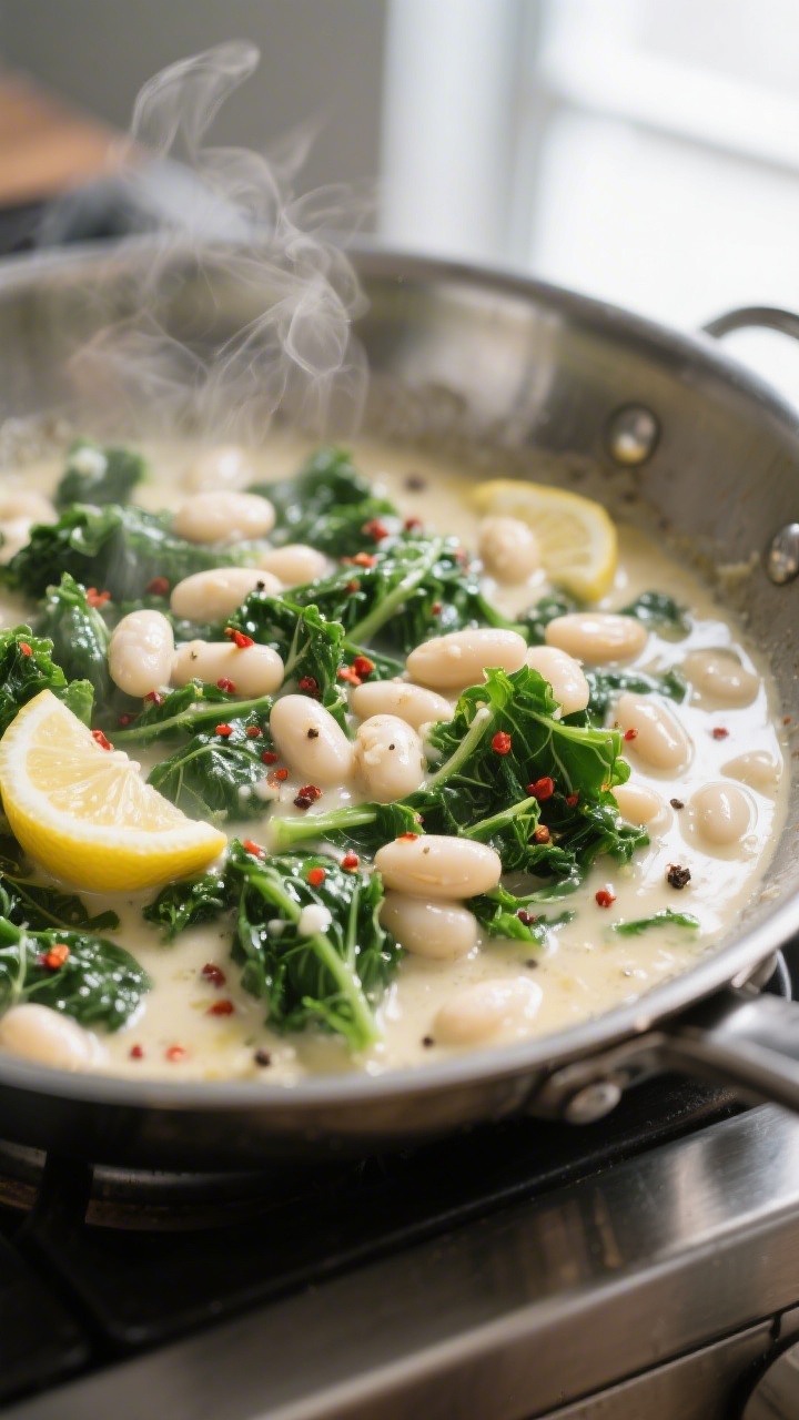 Close-up detail: Creamy white beans simmering with wilted kale in a stainless-steel skillet, glossy 