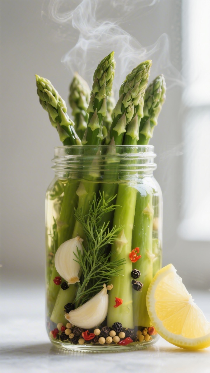 Close-up detail: Crisp, blanched-and-chilled asparagus spears packed upright in a glass jar, fully s