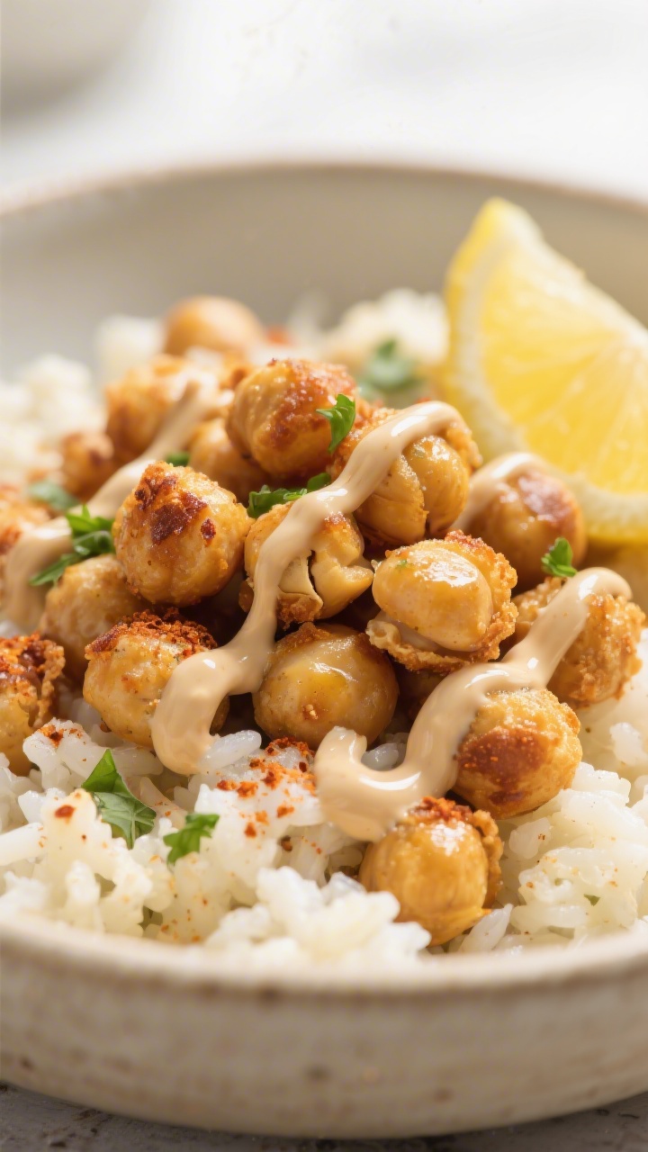 Close-up detail: Crispy chickpea snack bowl fresh from the air fryer, golden-brown chickpeas with bl