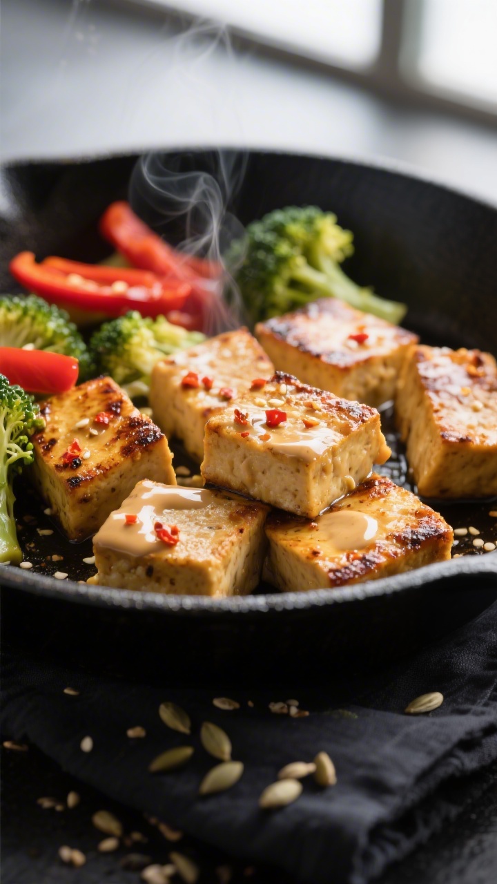 Close-up detail: Crispy golden tempeh cubes just seared in a skillet, lacquered with chili-tahini sa