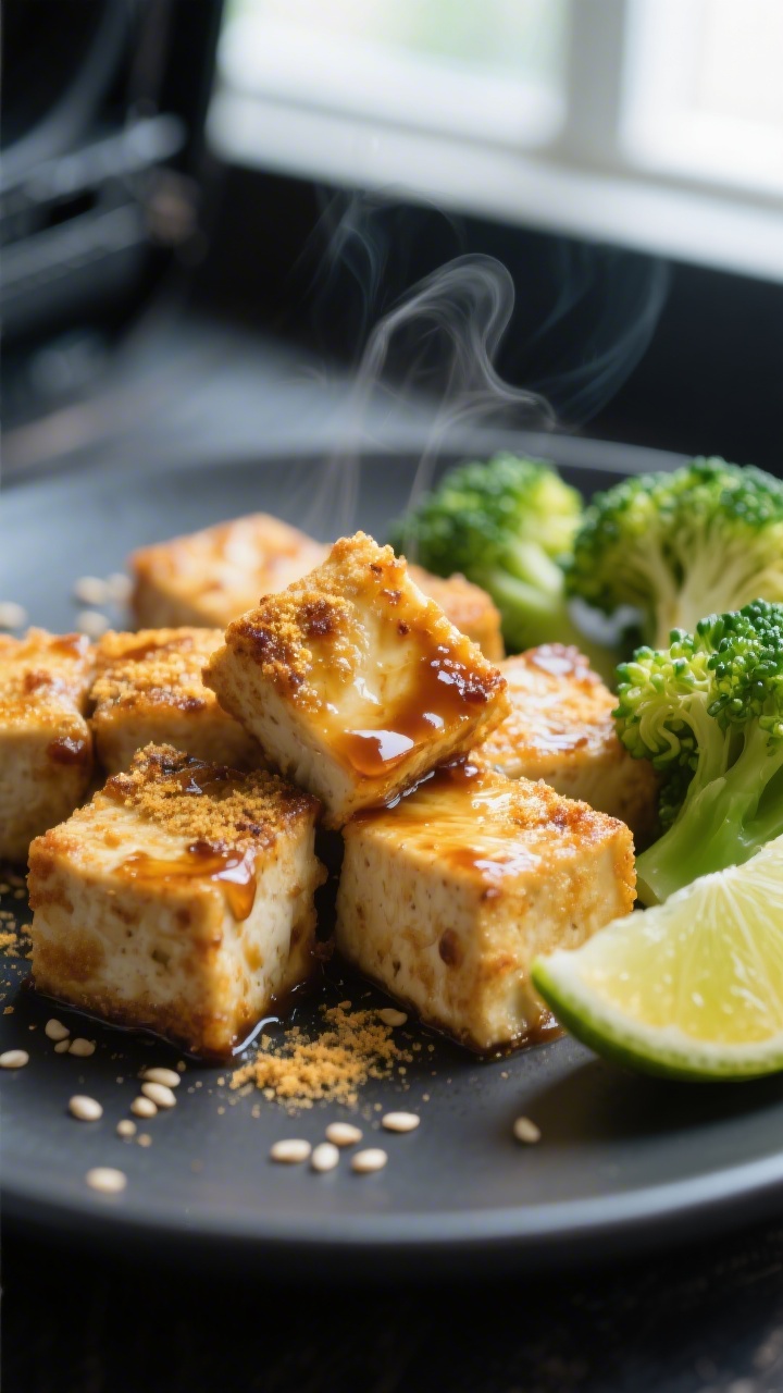 Close-up detail: Crispy maple-tamari tofu cubes just out of the air fryer, glistening with a thin ma