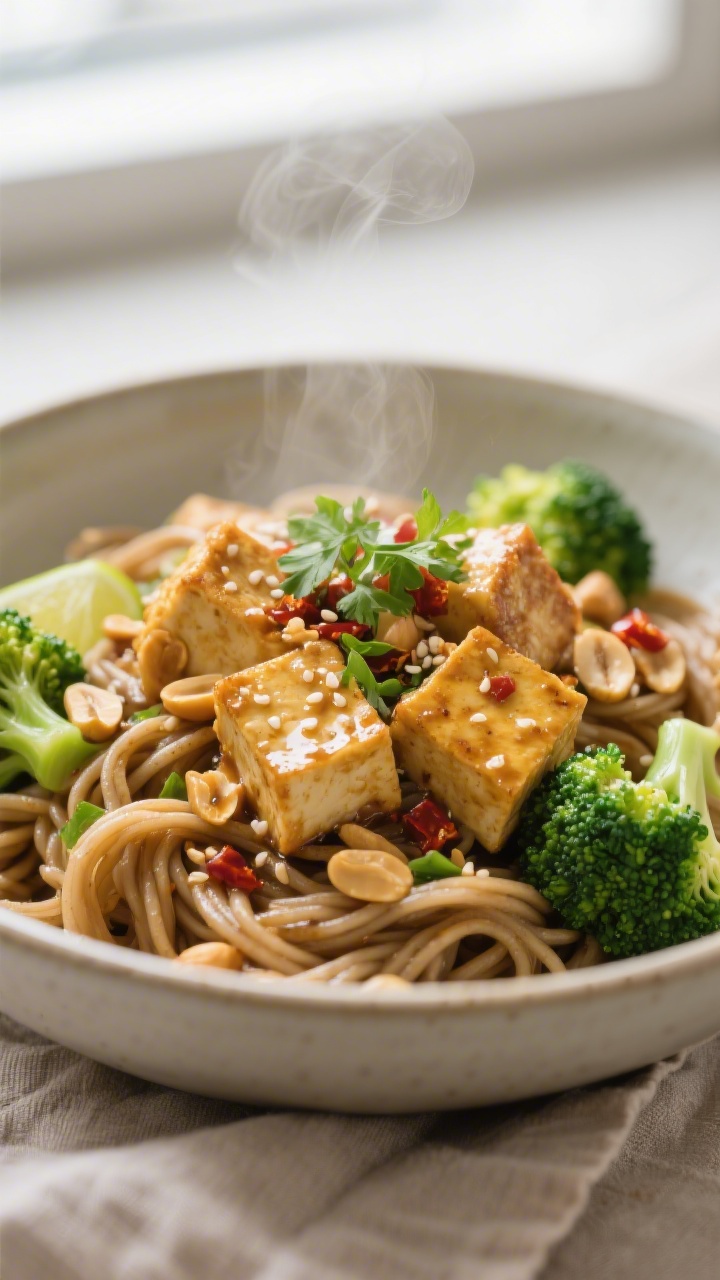 Close-up detail: Crispy peanut tofu noodle bowl—golden, pan-fried tofu cubes lacquered in glossy p