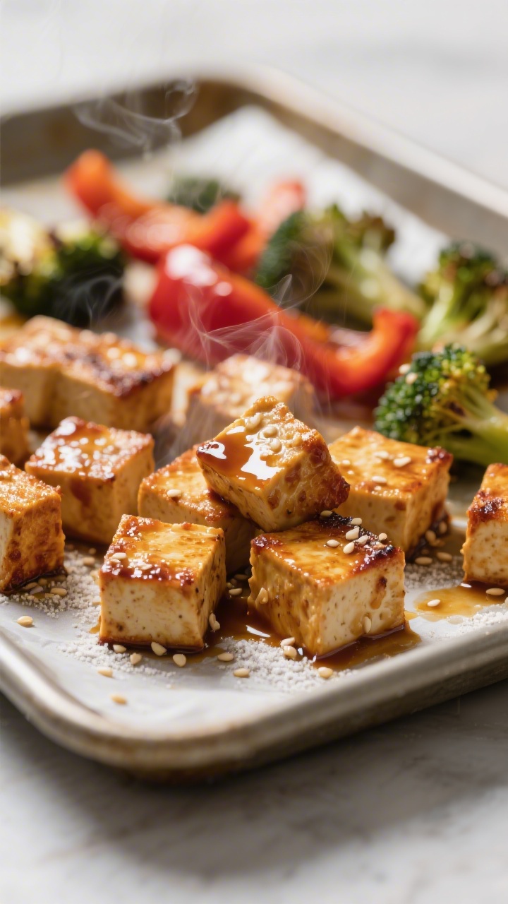 Close-up detail: Crispy roasted tofu cubes just out of the oven, lacquered with soy-maple-ginger mar