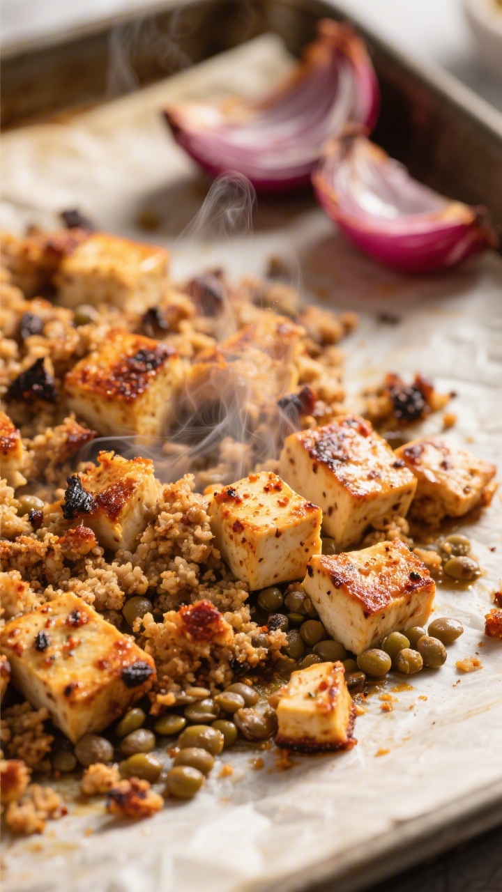 Close-up detail: Crispy roasted tofu–lentil crumble fresh from the oven, golden-brown edges with v