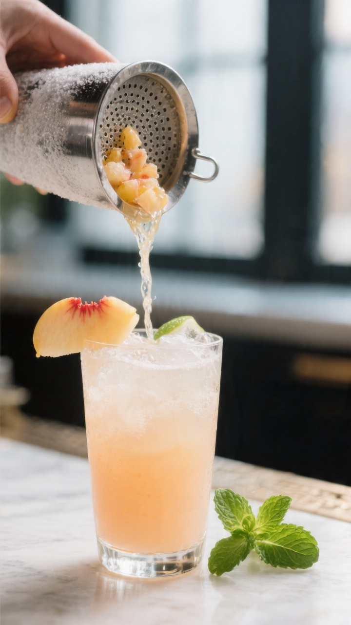 Close-up detail: Double-strained peach cocktail being poured from a frosty shaker into a chilled hig