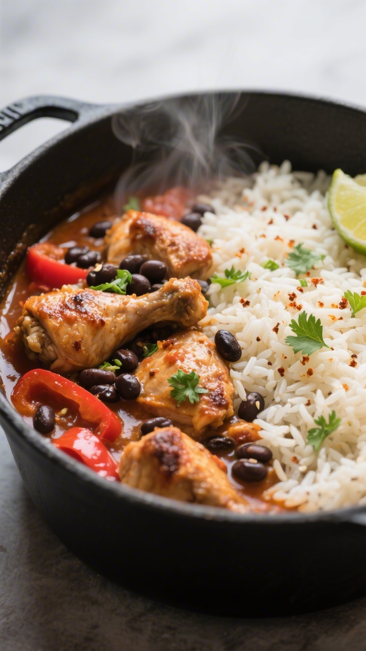Close-up detail: Fluffy long-grain rice and juicy browned chicken pieces nestled with creamy black b