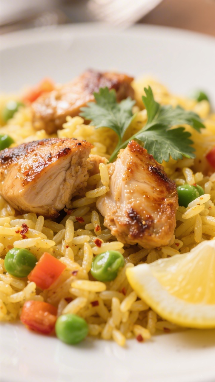 Close-up detail — Fluffy, perfectly cooked yellow rice with juicy browned chicken pieces: extreme 