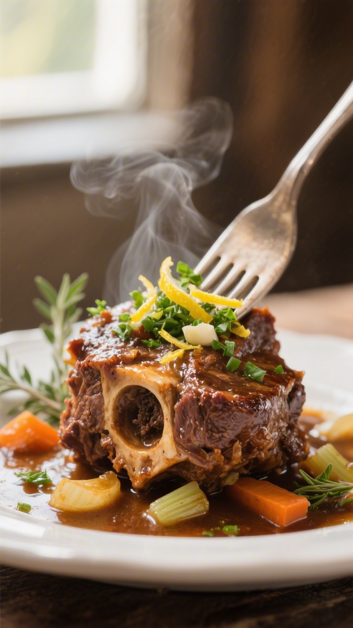 Close-up detail: Fork-tender osso buco veal shank just out of the braise, glistening with a silky, r