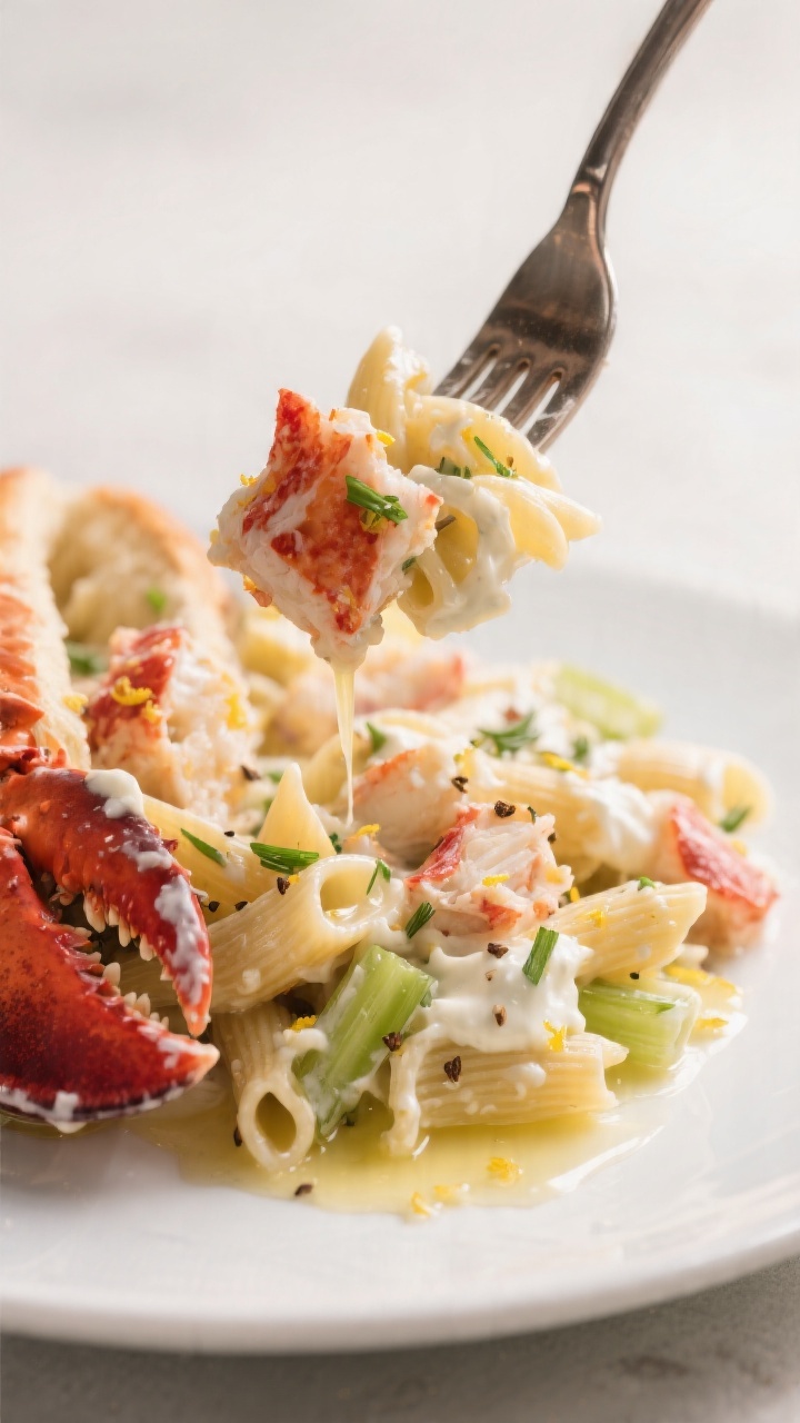 Close-up detail — Forkful of lobster roll pasta salad lifted slightly above a matte white plate: t