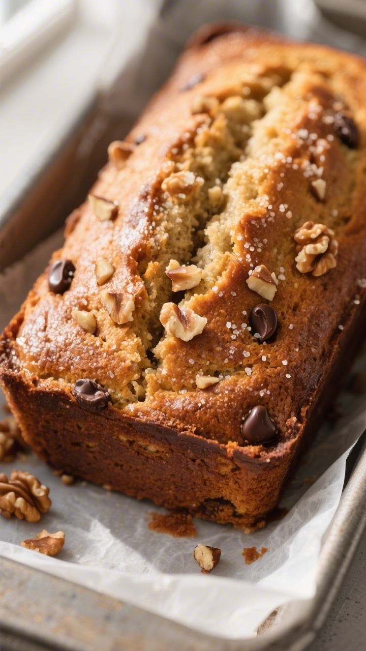 Close-up detail: Freshly baked banana bread loaf just out of the pan, captured at a 45-degree angle,