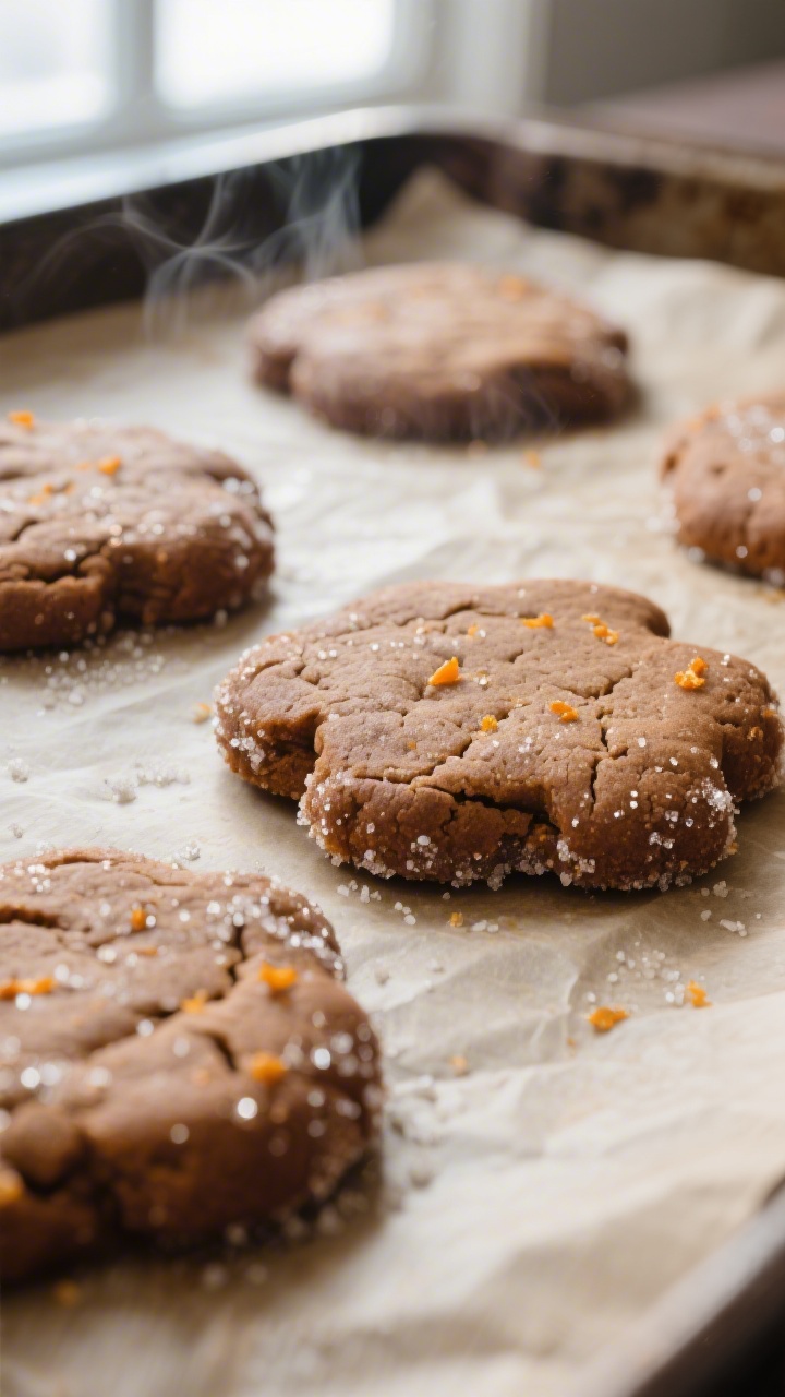 Close-up detail: Freshly baked gingerbread cookies just out of the oven on a parchment-lined sheet,