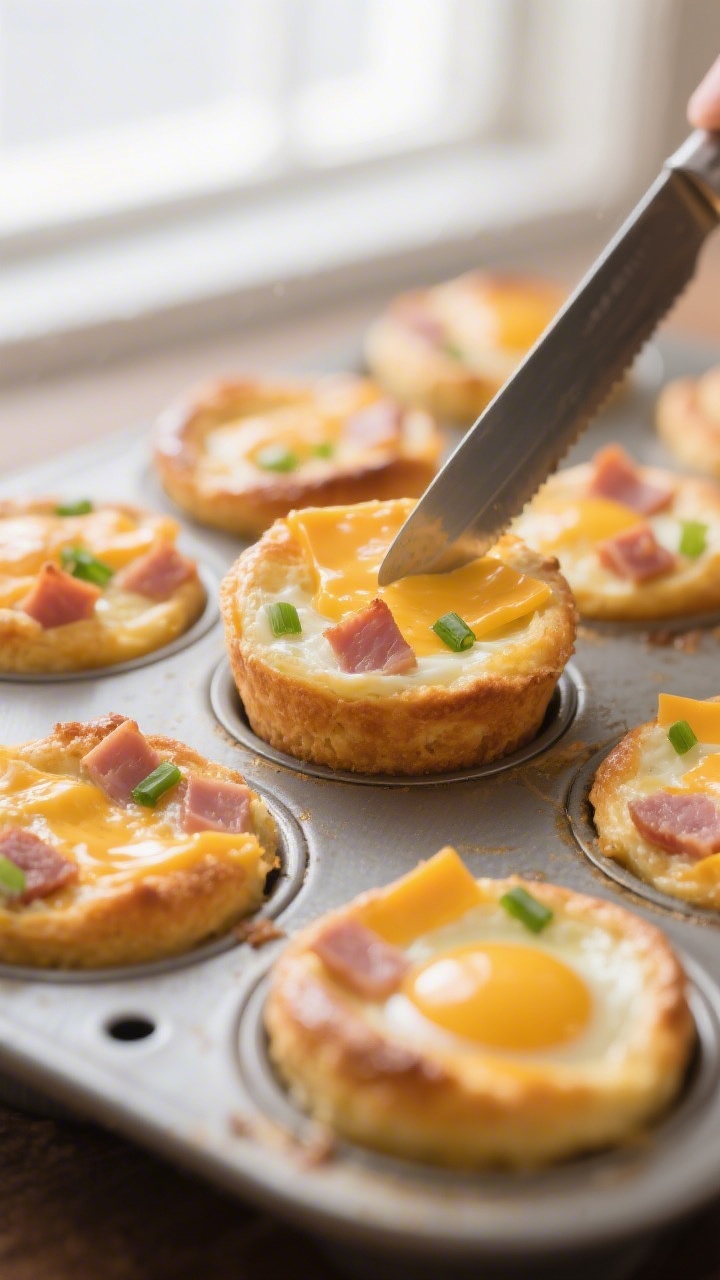 Close-up detail: Freshly baked ham and cheddar egg muffins just out of the tin, golden tops with mel