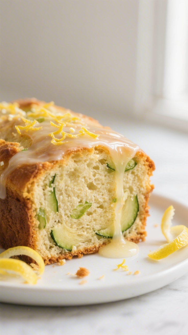 Close-up detail: freshly baked lemon zucchini bread slice with tender, moist crumb and visible green