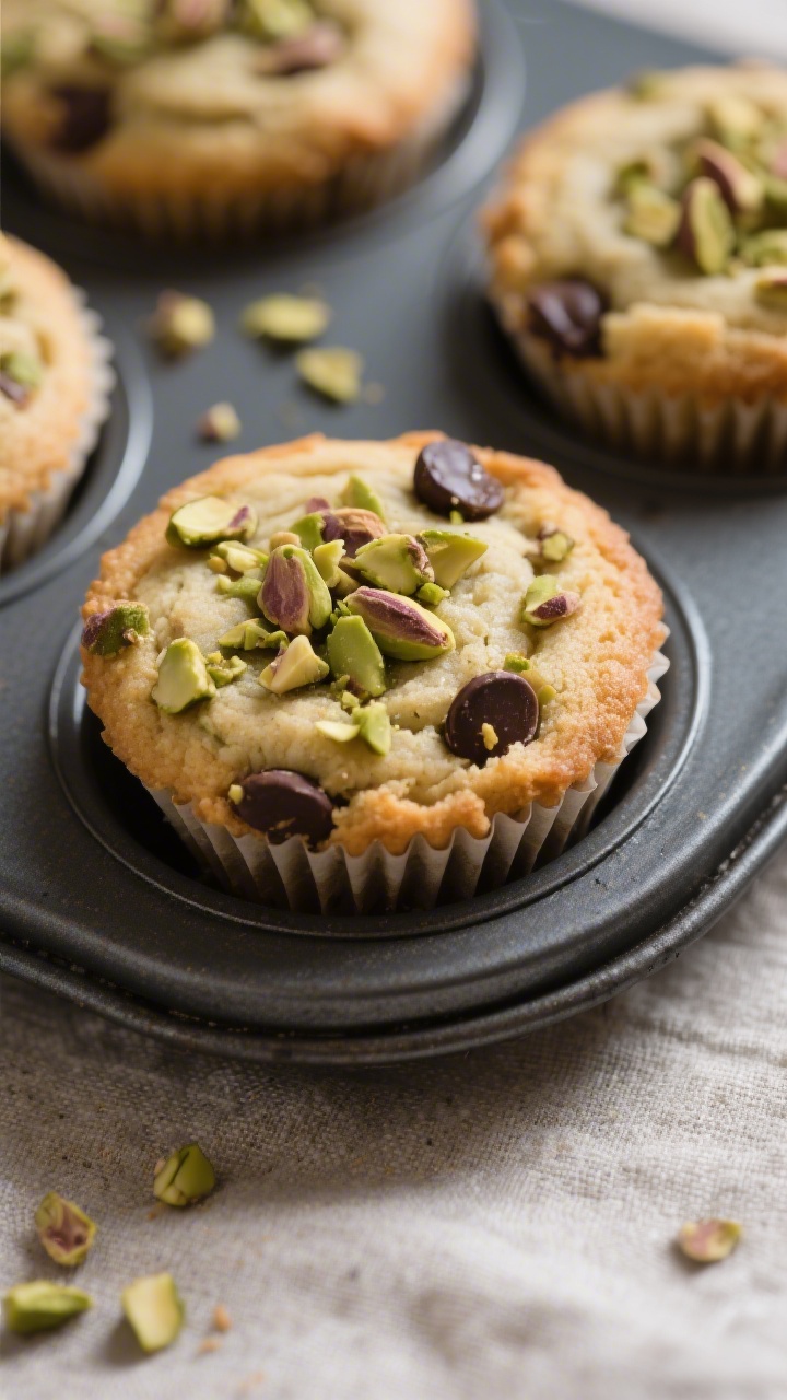 Close-up detail: Freshly baked pistachio cookie cups just out of a muffin tin, centers gently presse