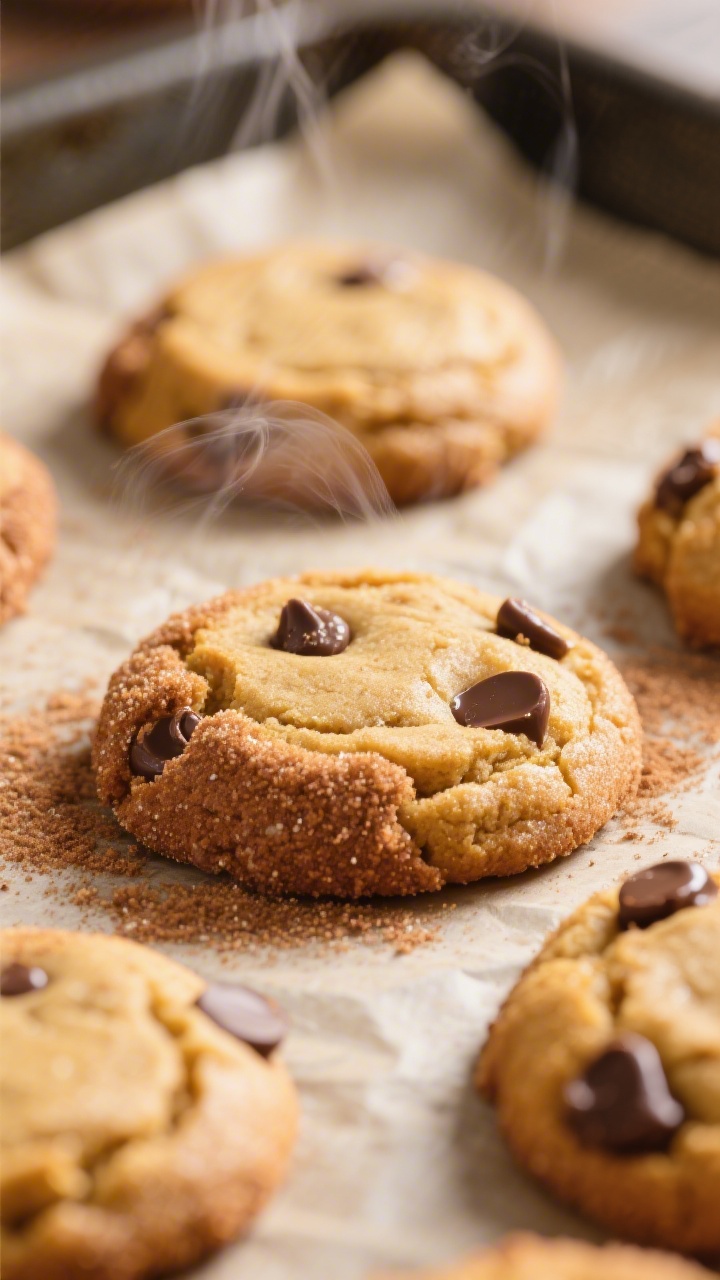 Close-up detail: Freshly baked vegan pumpkin cookies just out of the oven on a parchment-lined sheet