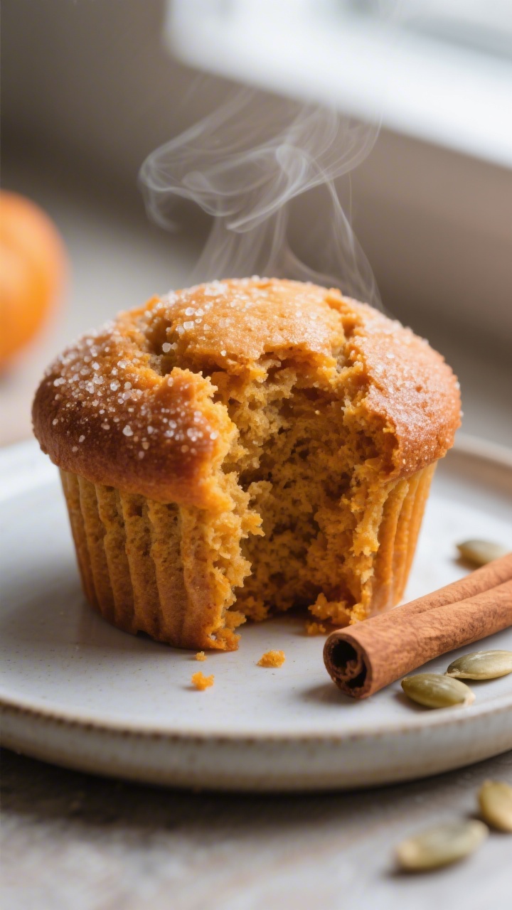 Close-up detail: Freshly baked vegan pumpkin spice muffin torn open to reveal a soft, fluffy crumb w