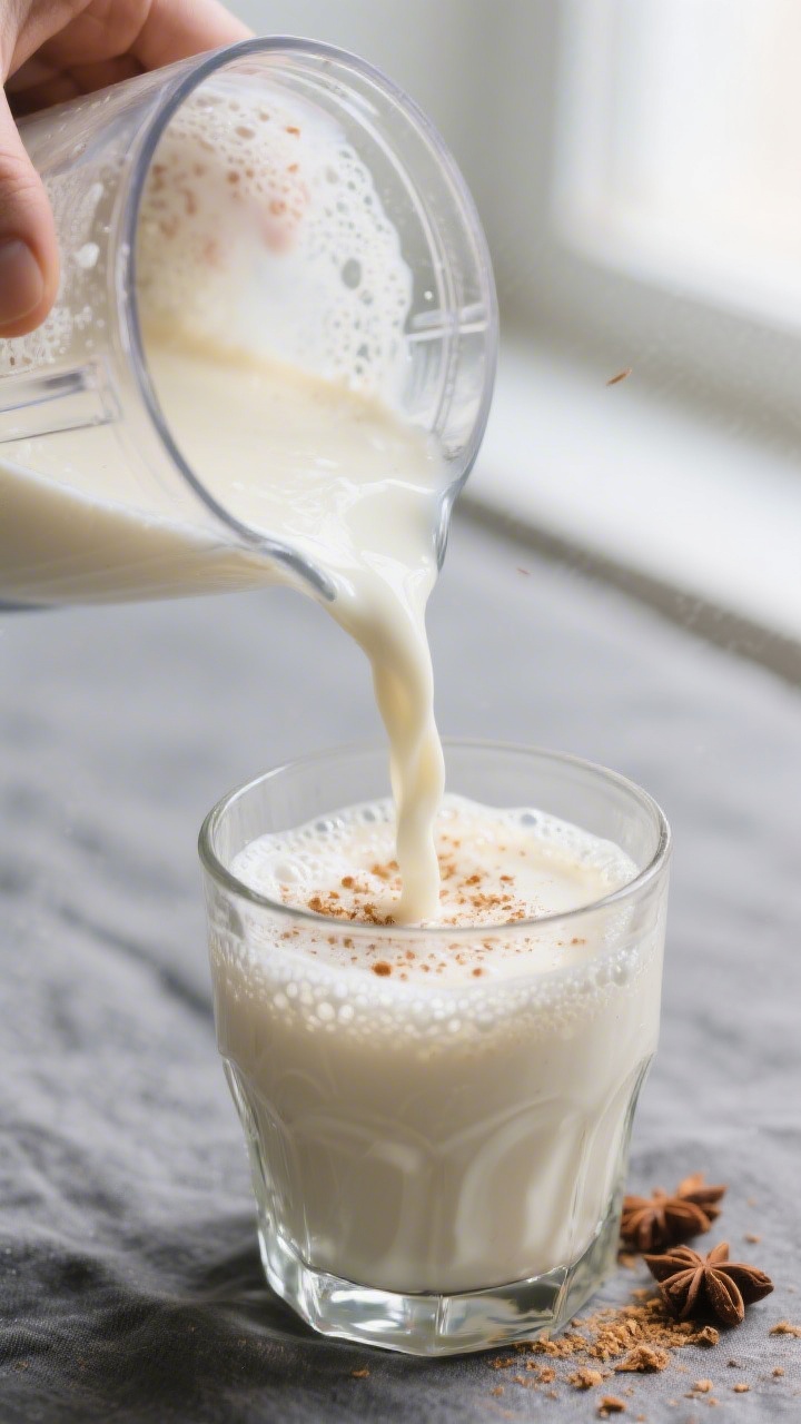 Close-up detail: Freshly blended vegan eggnog being poured from a glass blender jar into a chilled r