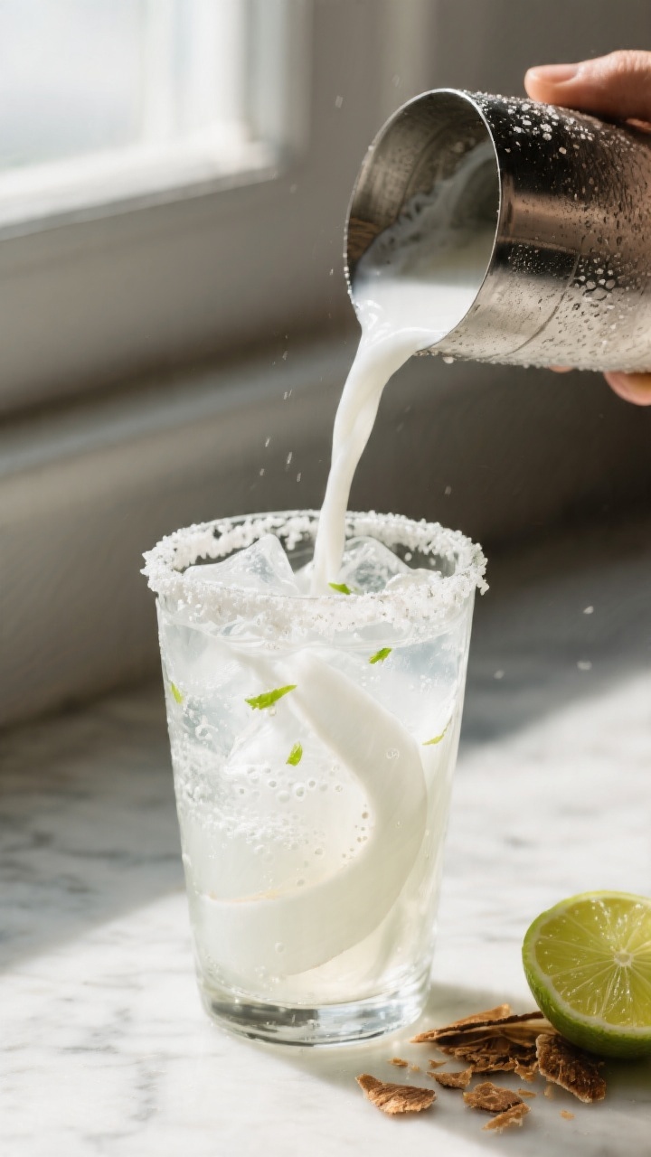 Close-up detail: Freshly mixed coconut drink being strained from a frosty shaker into a clear, sea-s