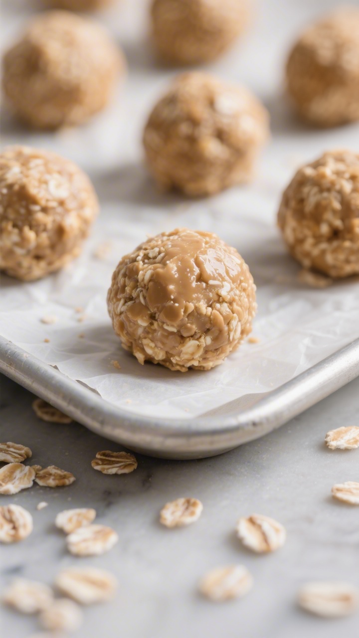Close-up detail: Freshly rolled peanut butter oatmeal balls on a parchment-lined tray just out of th