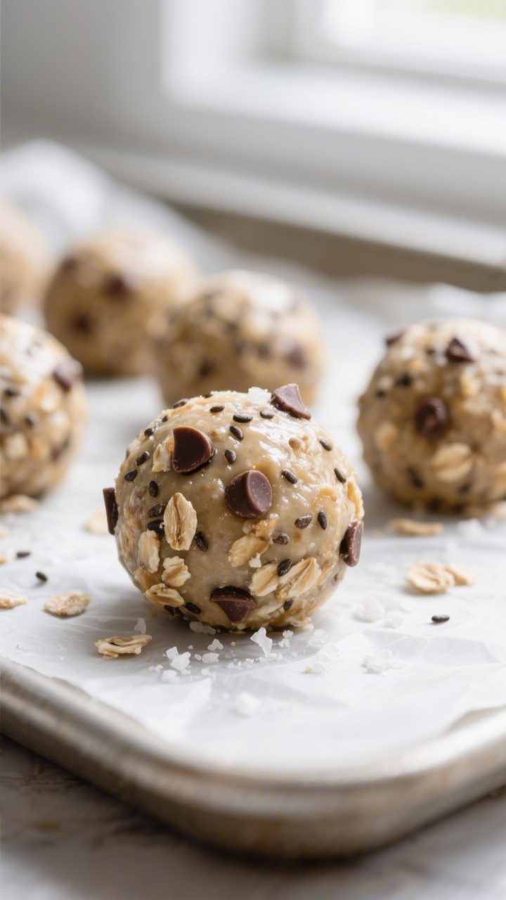 Close-up detail: Freshly rolled protein energy balls on a parchment-lined tray after chilling, showi