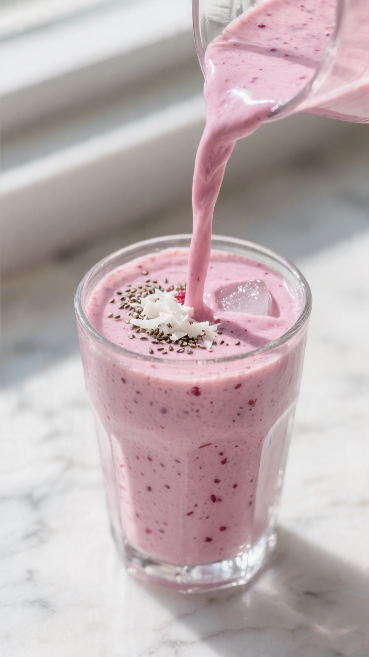 Close-up detail: Frosty Raspberry Almond Keto Smoothie just blended, pouring in a thick ribbon into 