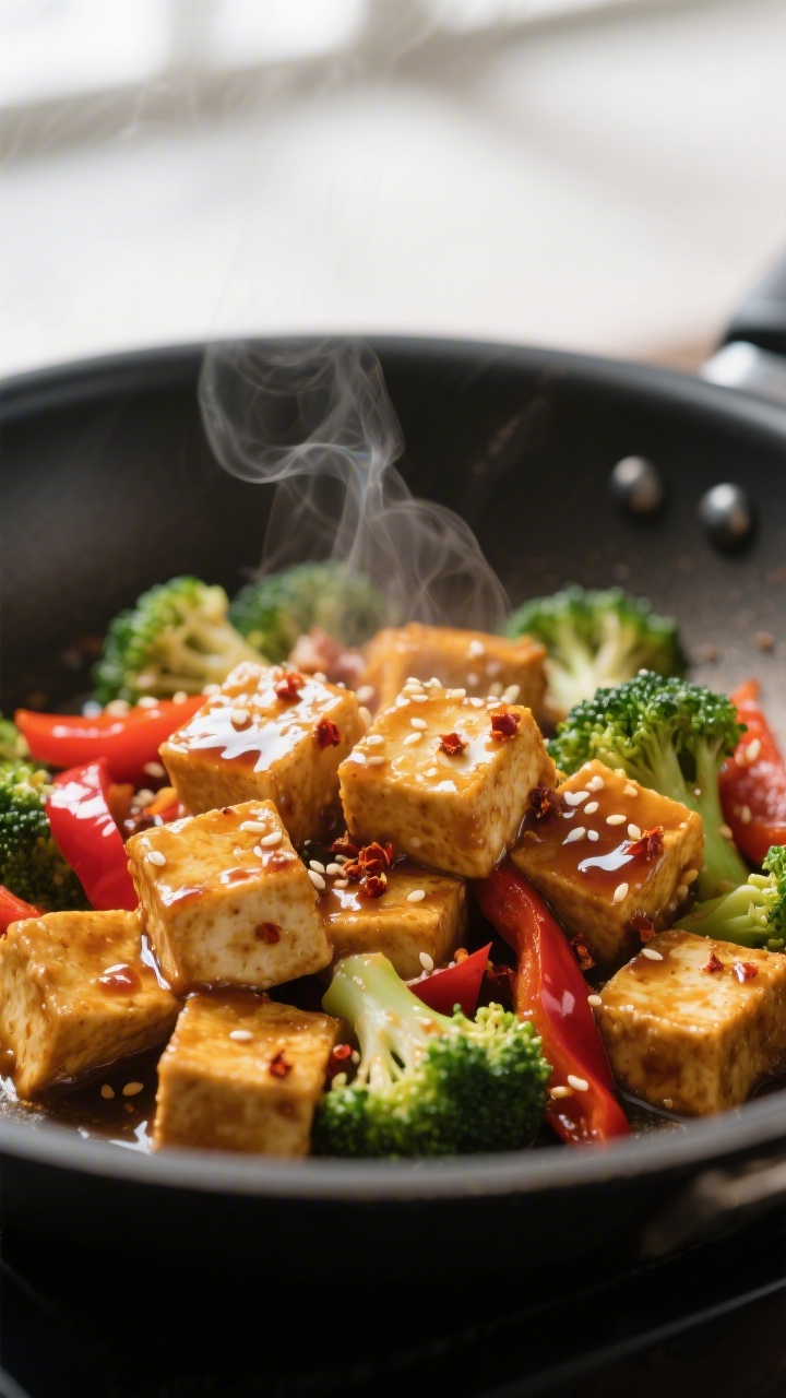 Close-up detail: General Tso’s tofu just glazed in the pan—golden-crisp tofu cubes lacquered wit