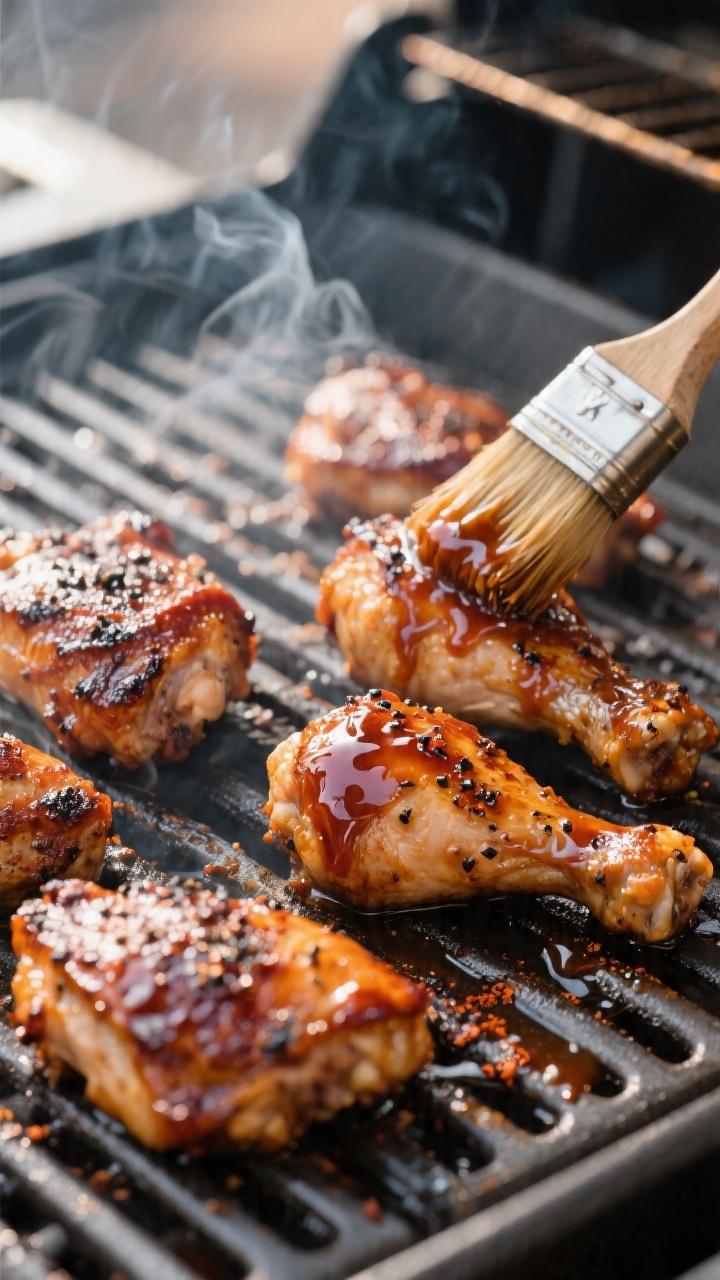 Close-up detail: Glazed BBQ chicken thighs on the cooler side of a two-zone grill, skin lacquered an